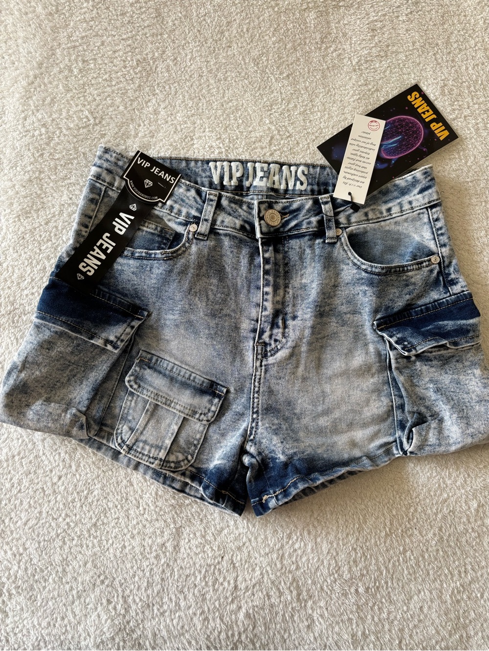 NWT VIP Women's Acid Wash Blue Denim Cargo Shorts